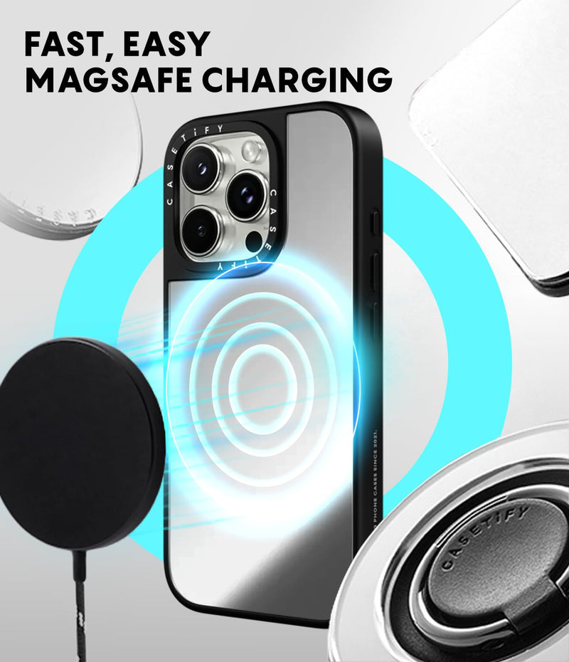 CASETiFY for iPhone 15 Plus Case - Mirror Compatible with MagSafe | Spider Man CoLab | Reflective | 4.9 ft. Drop Protection | Spider-Man Newspaper Sticker Case | Silver On Black 15 Plus Magsafe Mirror