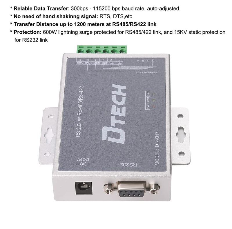 DTECH Bi-Directional Active RS232 to RS485 RS422 Serial Converter with Surge Protection 600W 15KV ESD DB9 to RJ45 Phoenix Contacts Adapter Power Supply TX RX LEDs for Long Haul Data Communication
