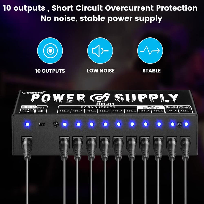 GD-01 Guitar Pedal Power Supply High Current 10 Isolated DC Output for 9V/12V/18V Effect Pedals