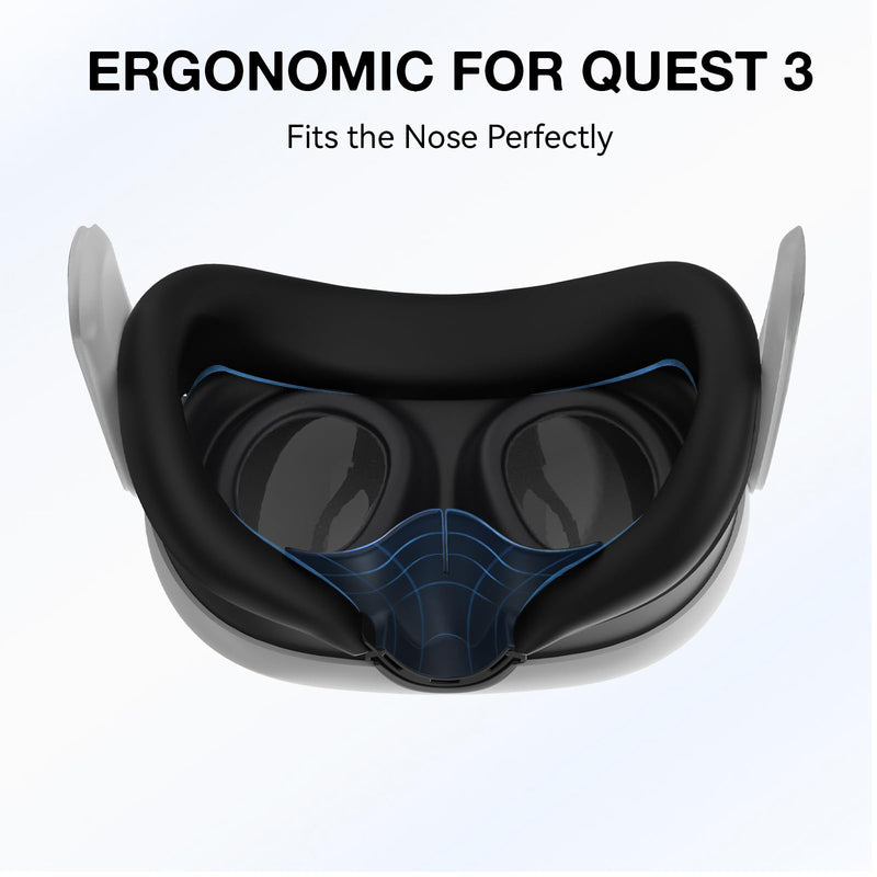 VR Silicone Face Pad Cover and Anti-Leakage Nose Pad for Meta Quest 3 Original Headset Accessories, VR Face Cushion Pad Light Blocker for Oculus Quest 3 Headset (Black) Black