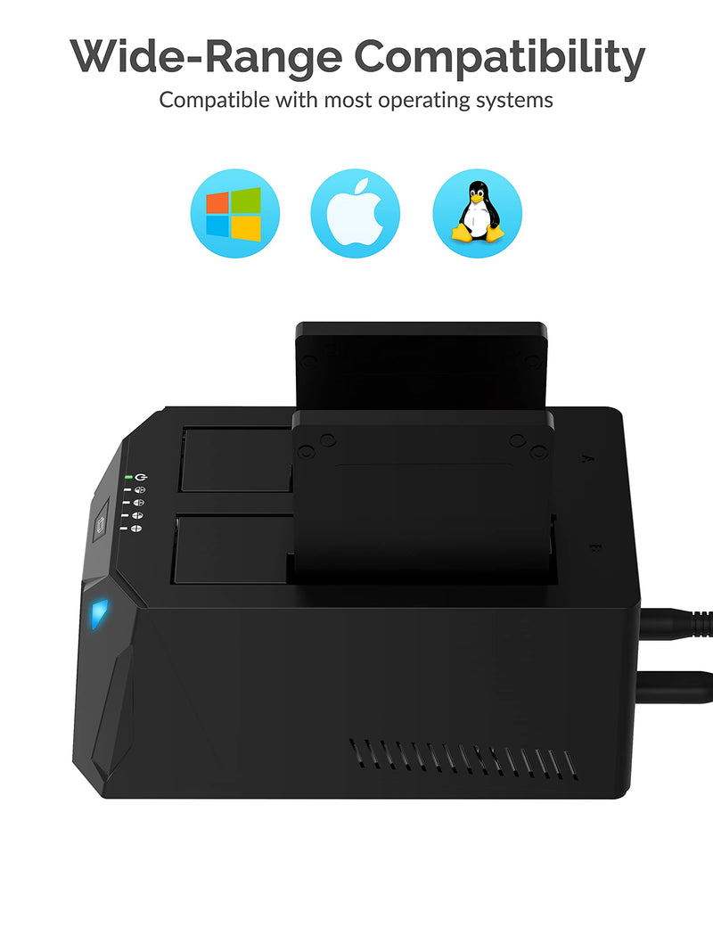 SABRENT USB-C Dual Bay Hard Drive Docking Station & Cloner (EC-CH2B) | 2.5"/3.5" SATA; offline cloning; up to 5Gbps; tool-free installation; hard drive dock; hdd dock; external hard drive dock 2-Bay SATA Dock – USB-C 5Gbps