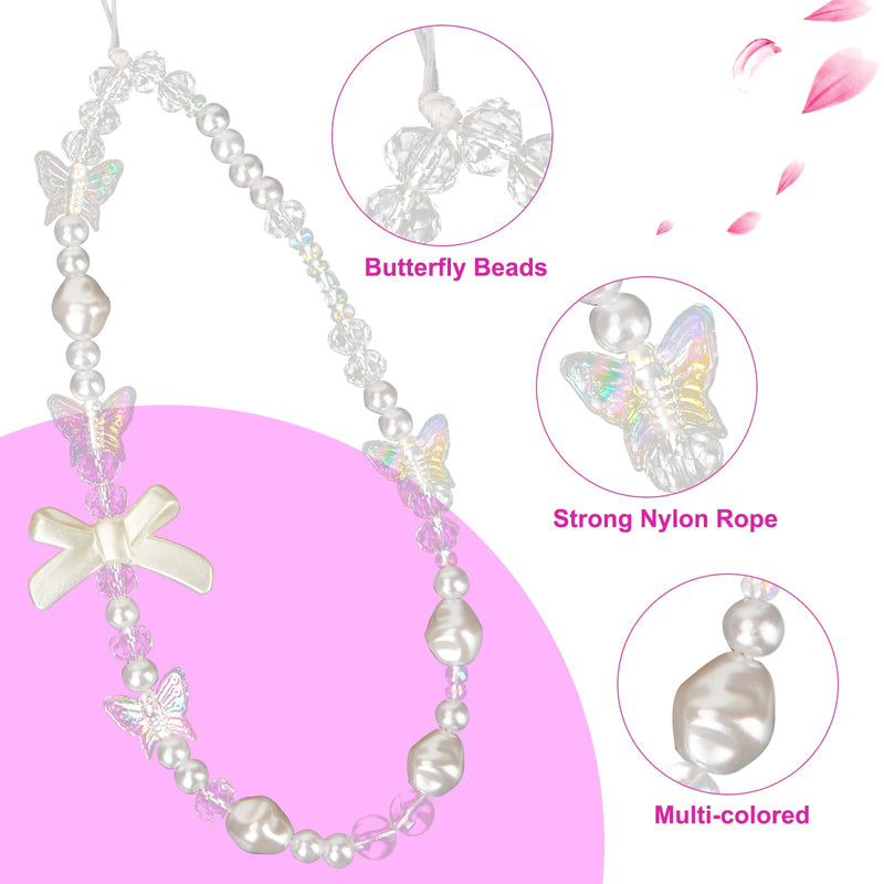 2pcs Beaded Phone Bracelet Strap, Crystal Butterfly Flower Pearl Phone Beaded Wrist Strap Phone Bracelet Lanyard for Women Phone Keychain Charm (White, Purple)