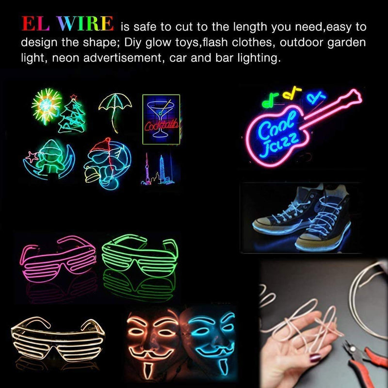 EL Wire 5 Pack, 9ft Neon Light Wire Noise Reduction with Battery Pack(Green, Blue, Red, White, Pink)â€¦ (9ft)