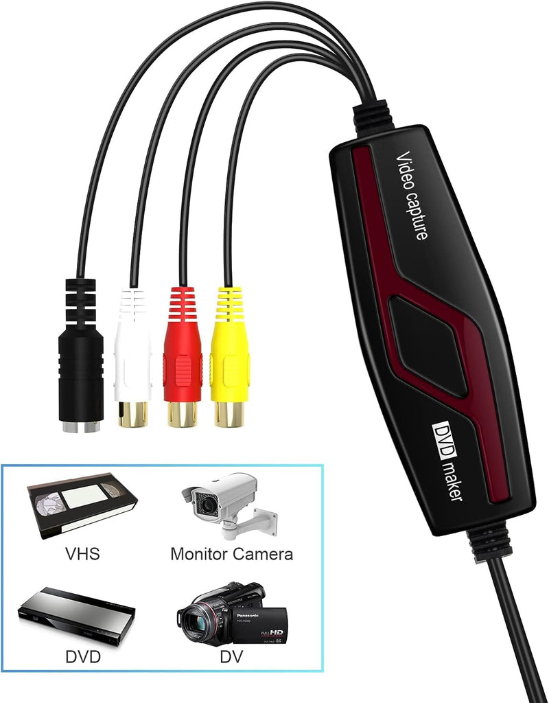 [AUSTRALIA] - Video Capture Card USB 2.0, RCA to USB Video Capture Device, Digital Video Converter to Save Digital Files for Your Mac OS X Windows 7 8 10 11 PC, One Touch VCR TV to DVD, Black DigitPro Video Capture Card USB 2.0 