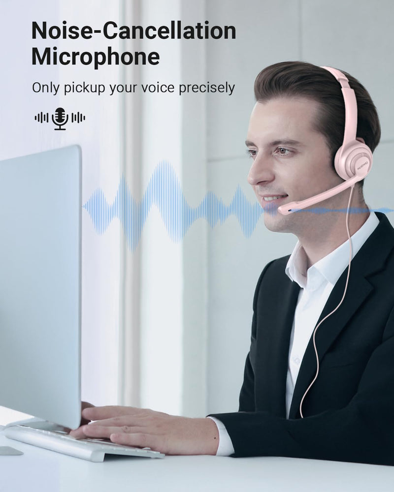 NUBWO HW02 USB Headset with Microphone Noise Cancelling &in-line Control, Ultra Comfort Computer Headphones for Laptop pc, On-Ear Wired Office Call Center Headset for Boom Skype Webinars (Pink) 1 pack Pink