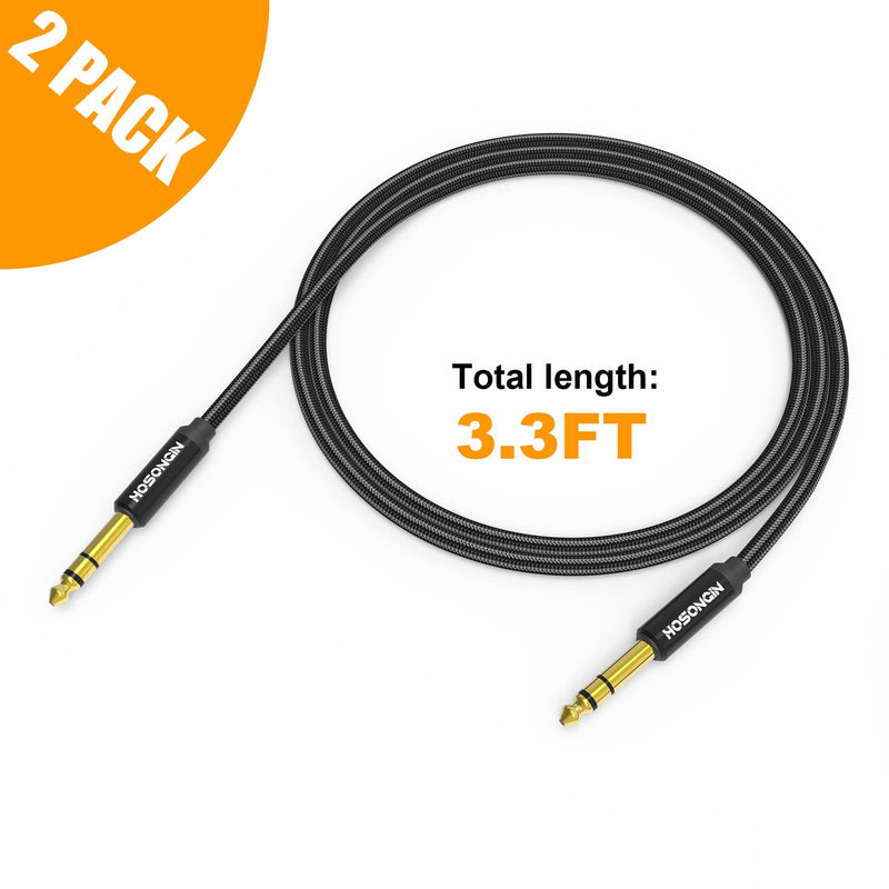 HOSONGIN 1/4 Inch TRS Instrument Cable 3.3ft 2-Pack [Nylon Braided Shielded], 1/4 in TRS Male to Male Plug Stereo Audio Cord, Quarter Inch 6.35mm Balanced Interconnect Line - 3.3 feet 1/4" TRS Cable - 2 Pack