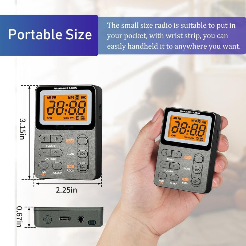 [AUSTRALIA] - Portable Radio AM FM, Rechargeable Pocket Radio with Best Reception Digital Tuning, MP3, Stereo Earphone, Large LCD Screen, TF Card Socket, Transistor Radio for Jogging/Gym/Camping (Grey) Grey 