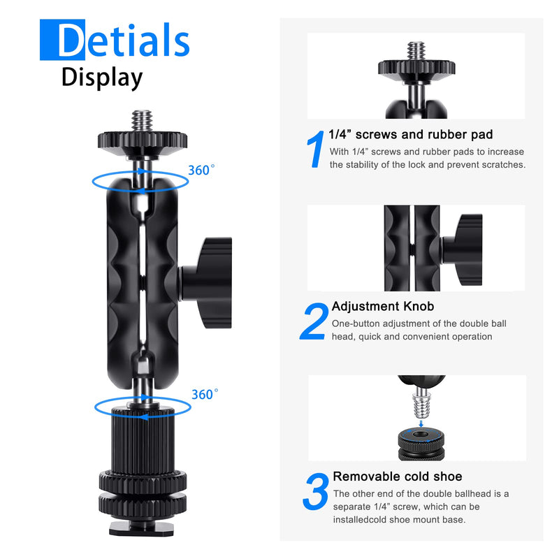 Magic Arm Cool Ballhead Double Ball Head Adapter with 1/4’’ Screw and Cold Shoe Mount - 2 Pack for Cameras, Camcorders, Monitor, Flash, LED Light, Microphone, and More