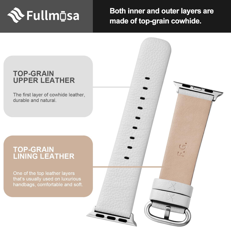 Fullmosa Compatible Stainless Steel Apple Watch Band 44mm/45mm/42mm Golden with Case & Compatible Leather Apple Watch Band 44mm/45mm/42mm, White