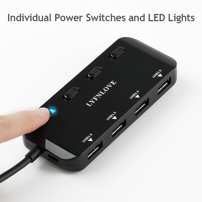 Multi USB Port Expander, LYFNLOVE Ultra Slim USB Hub 3.0, 4-Ports USB Splitter High-Speed USB Data Hub with Individual On/Off Power Switches for Laptop, Computer, PC, Thumb Driver and More 4 port USB Hub