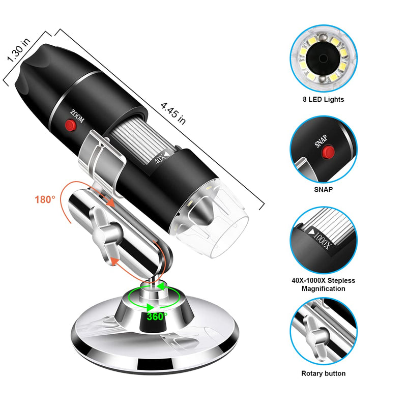 [AUSTRALIA] - USB Microscope Camera with Stand & Carrying Case, Cainda Digital Microscope Compatible with Android Windows Linux Mac, Portable Magnifier Camera for Kids Students Adults(Not for iPhone/iPad) Black 
