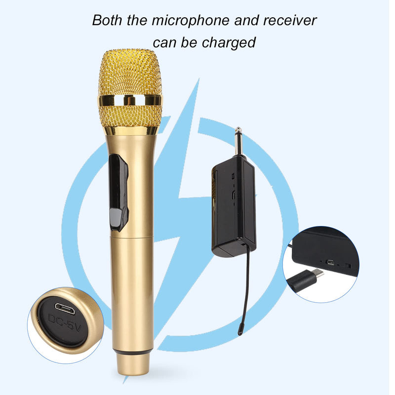 Handheld Microphone, Plug and Play Karaoke Wireless Microphone 50m Receiving 600Hz to 800KHz Multipurpose for Home (Gold)