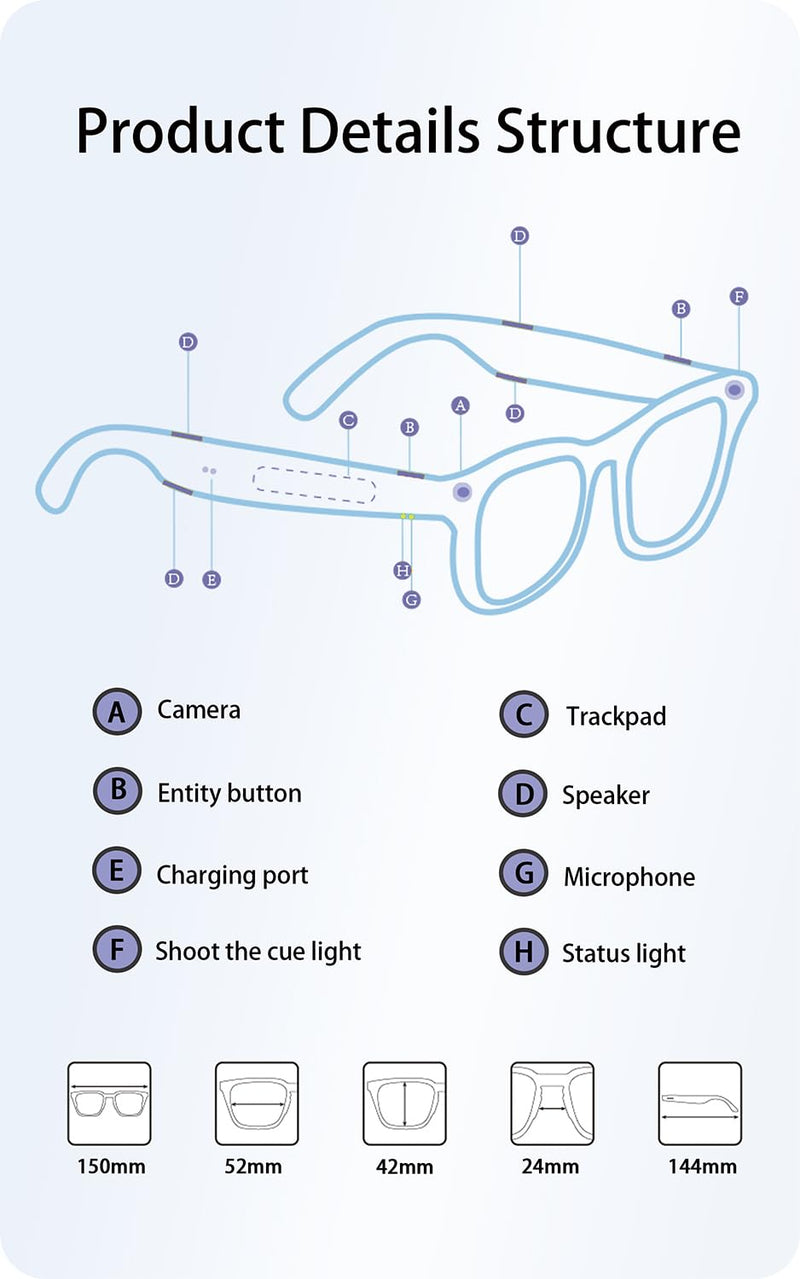 8MP HD AI Smart Glasses with Camera for Video Recording & Photo Capture | EIS Anti-Shake TEC, Real-Time Translation, Open-Ear Bluetooth Audio, Object Recognition, Voice Assistant, for Life & Work Z-AI Camera Smart Glasses