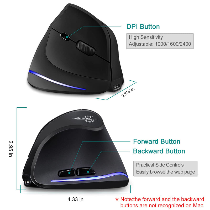 Wireless Mouse Tri-Mode (BT 5.0/3.0+2.4GHz), TRELC Ergonomic Vertical Mouse with 3 Adjustable DPI, Rechargeable Optical Wireless Mouse for 3 Devices, 7 Buttons for PC, Desktop, Laptop, Tablet (Black) Tri-Mode (BT 5.0/3.0+2.4GHz)