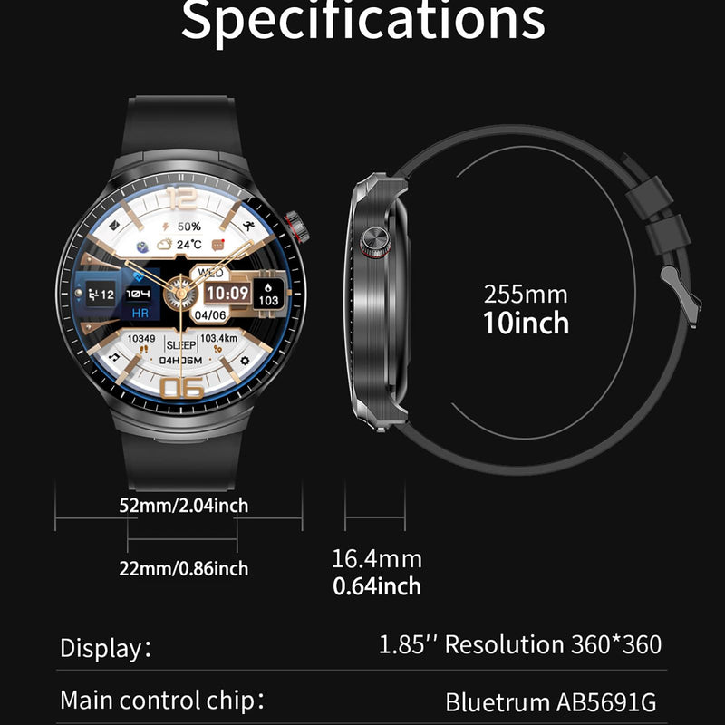 Smart Watch with Bluetooth Earbuds, 1.85-Inch Round HD Screen, Military Style, IP67 Waterproof, 100+ Sports Modes, Heart Rate Monitor, Sleep Tracker, Music Control Black
