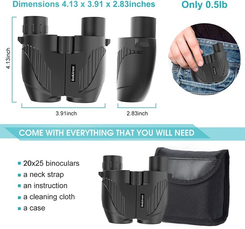 Binoculars 20x25 for Adults and Kids, High Power Easy Focus Binoculars with Low Light Vision, Compact Binoculars for Bird Watching and Travel Black