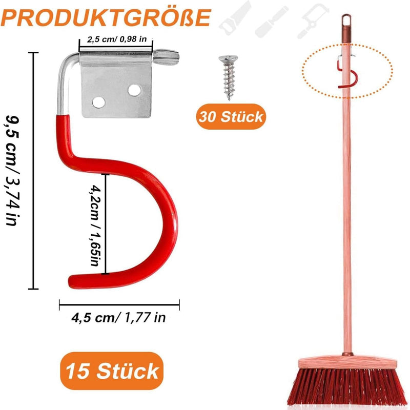 EVDZNA Metal Hook Tool Holder 15 Pieces, Red, Tool Holder, Broom Holder, Garden Tools Hanging, Multifunctional System, Holder for Garden Tools & Electrical Appliances, Metal Hooks, Rubberised Handle
