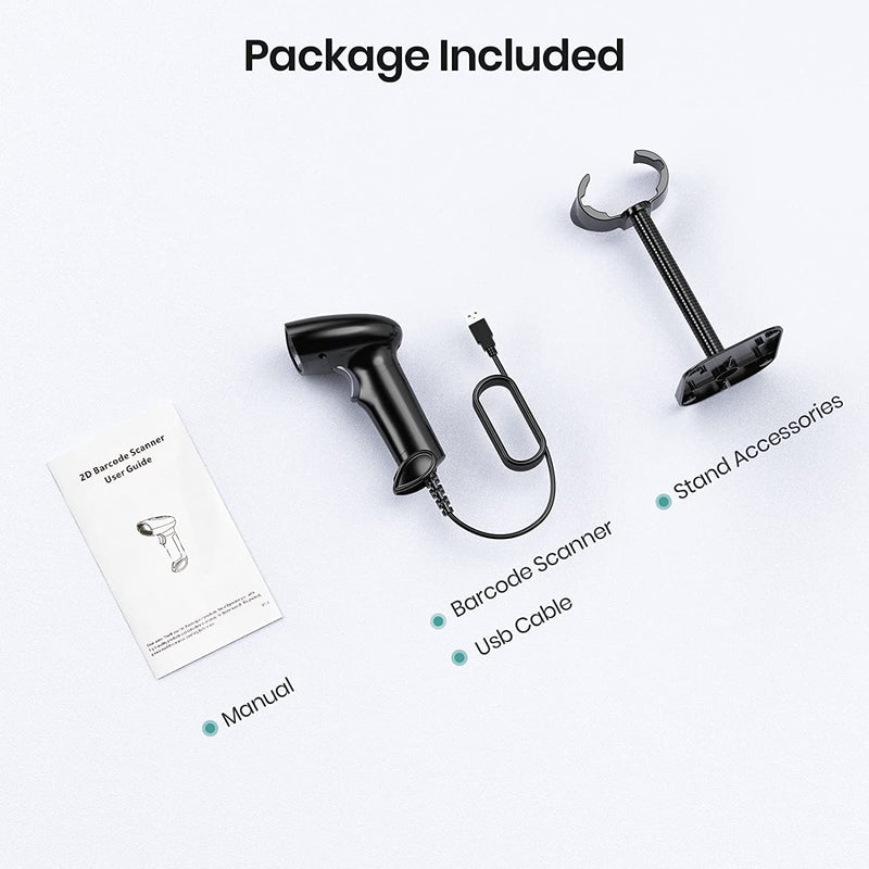 Barcode Scanner with Stand, USB Wired Inventory 2D 1D QR Code Scanners for Computer POS Support Automatic Screen Scanning, Handheld CMOS Image Bar Code Reader for Warehouse Library Supermarket