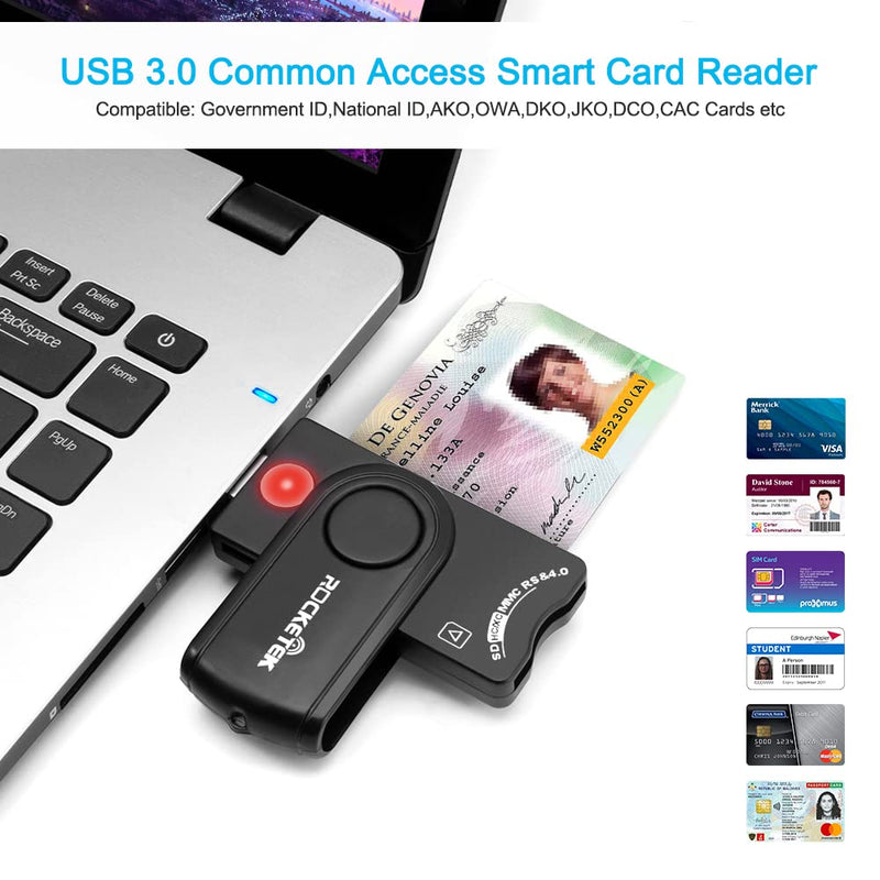 USB Smart Card Reader, Rocketek DOD Military USB CAC Memory Card Reader Compatible with Windows, Linux/Unix, MacOS X - Build in SDHC/SDXC/SD Card Reader and Micro SD Card Reader RT-SCR10