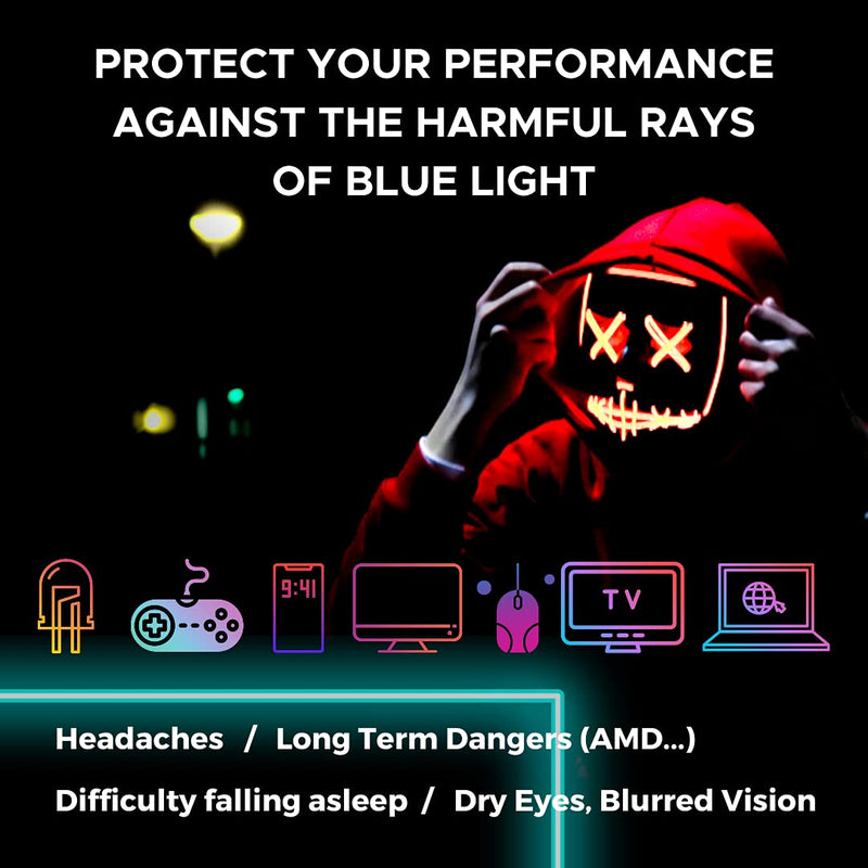 Horus X • Bundle Light Gaming & Office Glasses Rest Filter Protection [50-86%] • Anti Blue Light Screens • Video Games Computer Console PC • Gaming Accessories Pack • Men and Women
