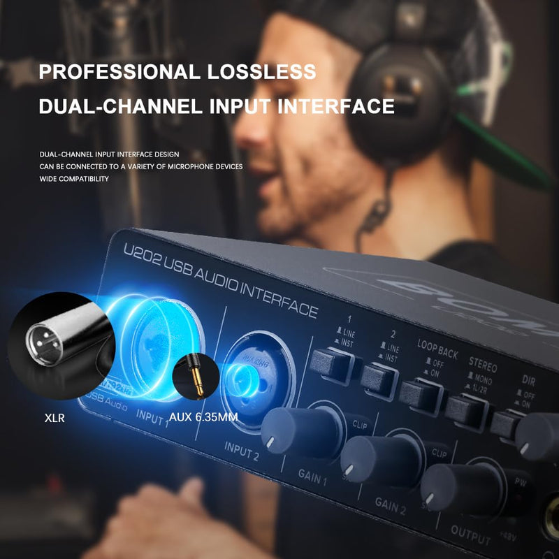 BOMGE U202 USB Audio Interface with Mic Preamplifier XLR/TSR/TS Ports,48V,32-Bit/192kHz Resolution fro computer recording,Streaming,Podcasting