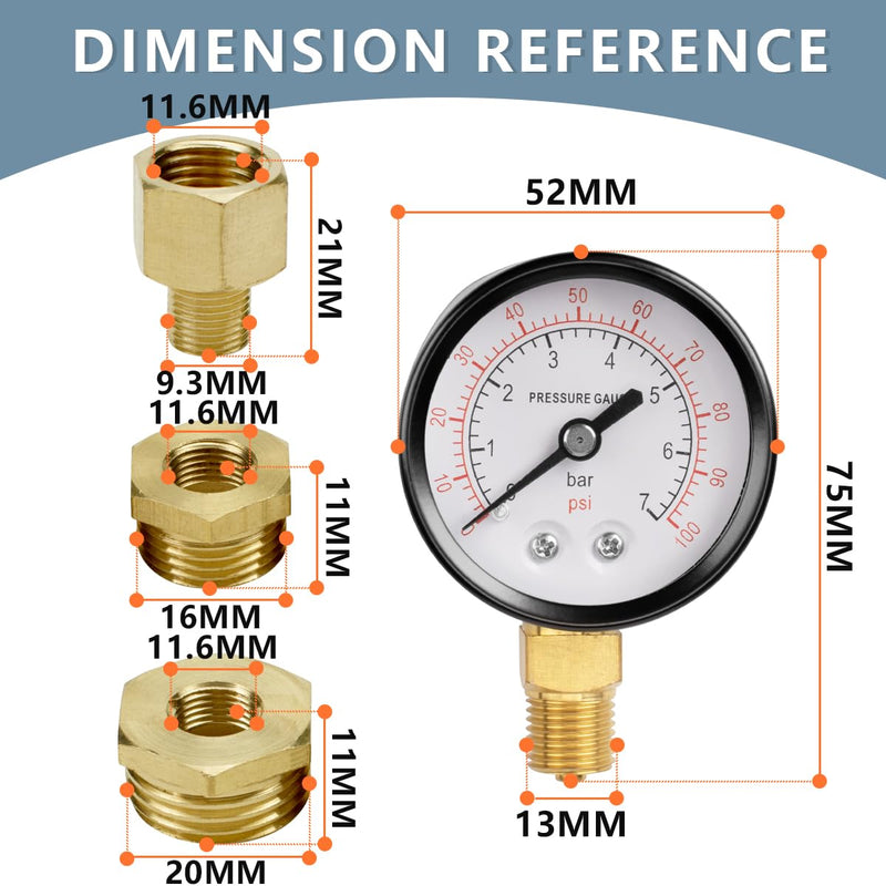 Innfeeltech 50mm Well Pump Pressure Gauge BSP 1/4" 0-7 Bar, 0-100 Psi with Bushings & Nipple Reducer, 1 Teflon Tape, Radial 50MM, 7bar(100psi)