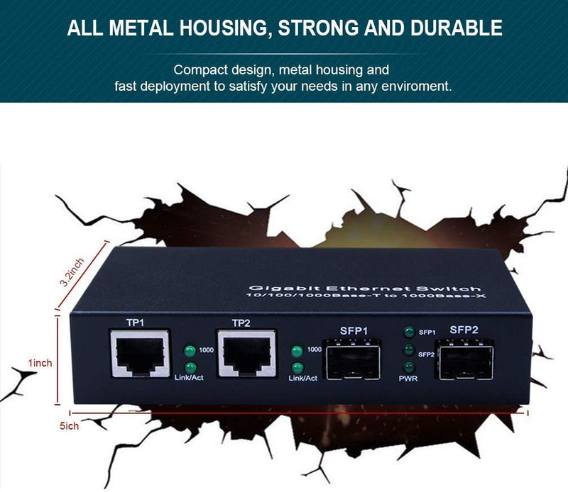 ipolex Gigabit SFP to RJ45 Fiber to Ethernet Media Converter, Dual 10/100/1000Mbps RJ45 Ports to 1000Base-SX/LX/EX SFP Slots, Support Gigabit SFP Modules, Without Transceiver 4 Port | 2x SFP slot(1000M)