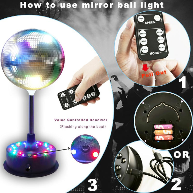 Remote RGBW Rotating Mirror Ball Light,5-10RPM Adjustable Speed Light Up Spinner 23 LED Disco Motor with 6" Mirror Ball for Birthday Party Decor