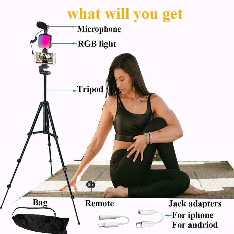 Vlogging kit for iPhone, YouTube Starter Kit, Vlogging Camera kit with RGB Light Extendable Tripod Shotgun Microphone Jack Adapter Remote for iPhone Samsung Phone Camera Total height 20IN to 50IN