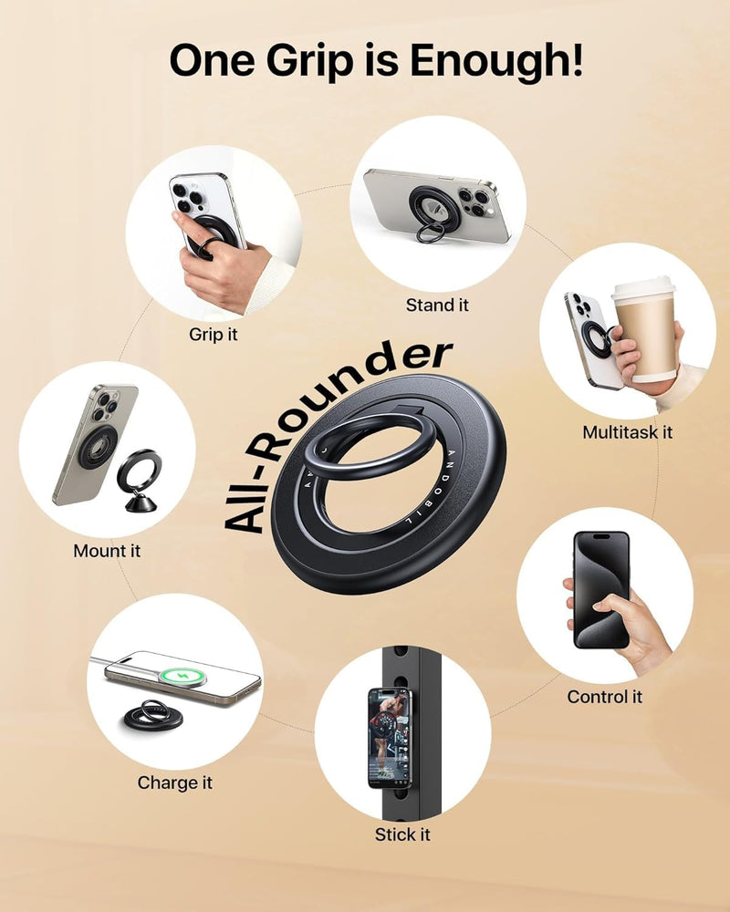 [2024 Newest] andobil Magnetic Phone Grip for MagSafe [Drop Protection] Strong Magnetic Phone Ring Holder Compatible with MagSafe Accessories, iPhone 15 Plus 14 13, Pro, Pro Max, Mini, Silicone, Black