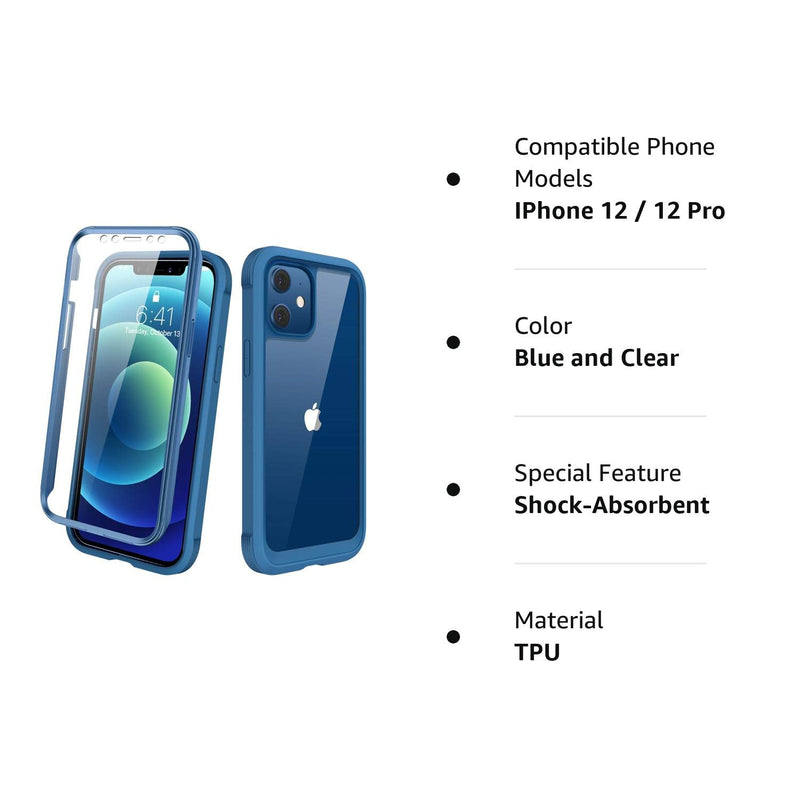 Diaclara Designed for iPhone 12/12 Pro Case, Full Body Rugged Case with Built-in Touch Sensitive Anti-Scratch Screen Protector, Soft TPU Bumper Case for iPhone 12/12 Pro 6.1" (Blue and Clear) iPhone 12 & iPhone 12 Pro 6.1" Blue and Clear