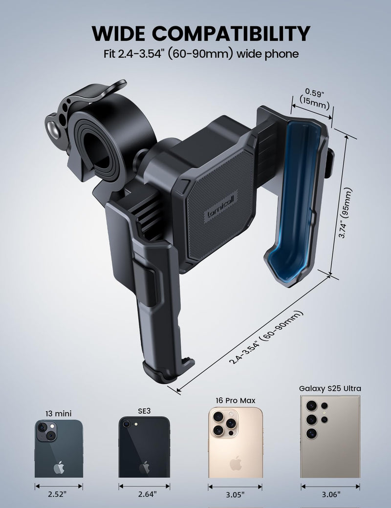 Lamicall Motorcycle Bike Phone Mount - [No Block Camera] [1s Lock] Bike Cell Phone Holder Clamp, Bicycle Scooter Handlebar Clip, Gifts for iPhone 17 16 15 14 Pro Max, Galaxy S25 Ultra, 4.7-7" Phones Black