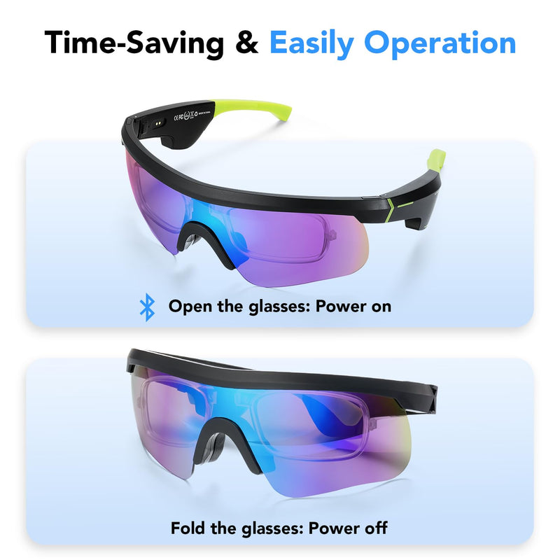 King Will Bluetooth Audio Glasses with Enhanced Microphone Silicone Sleeve, Lightweight Open Ear Safety Sport Sunglasses for Cycling, 8H Playtime, Water-Resistant & UV Protection, Black & Green