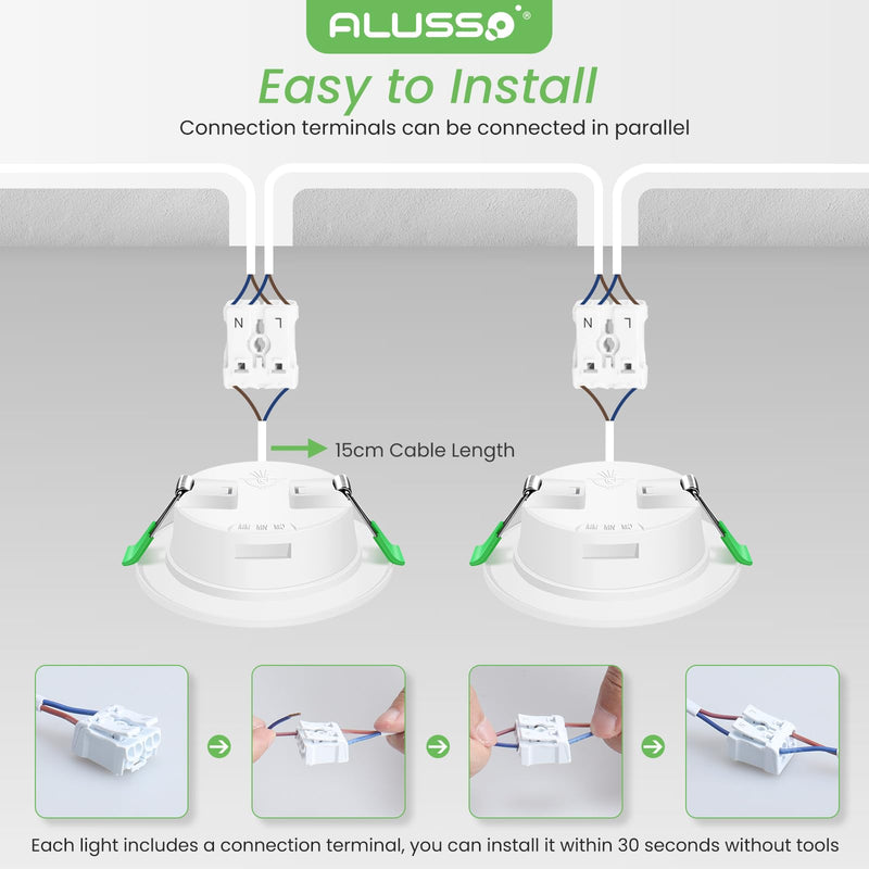 [AUSTRALIA] - ALUSSO LED Recessed Spotlight, 230 V, Flat IP44, 4 W LED Spotlights, 280 LM, Cool White 6500 K Recessed Lights, 30 mm Ultra Flat, Recessed Spot Hole 55-68 mm, Ceiling Spotlights for Bathroom, Kitchen Cool White 6500k, Set of 6 