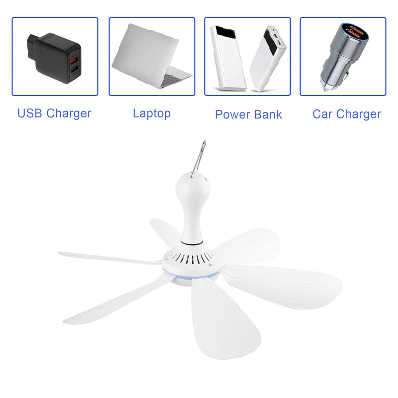 Portable Ceiling Fan USB Powered Canopy Fan with Speed Timer switch, Quiet Small DC USB Ceiling Fan Hanging Fan with 6 Blades for Camping Cruise RV Tent Gazebo Bed Dormitory Home Room