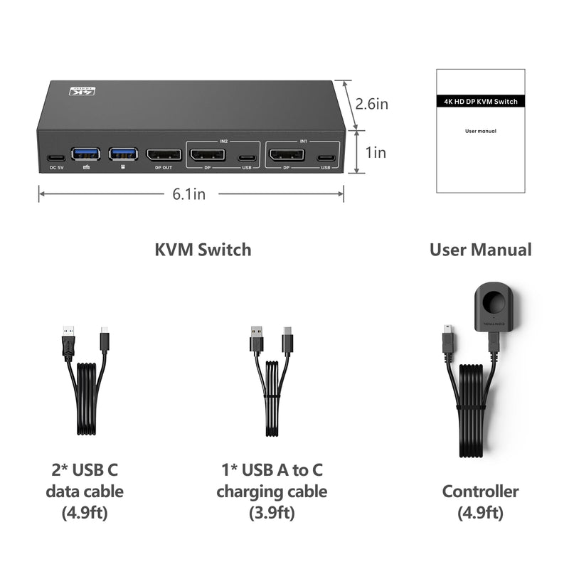 DisplayPort KVM Switch 1 Monitor 2 Computers USB 3.0 KVM Switcher | 8K@60Hz 4K@144Hz DP KVM Switch 2 In 1 Out, Two Computers Share One Display & 4 USB Devices, Plug & Play with Wired Controller