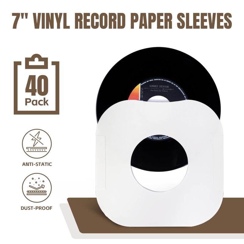 7 Inches Record Inner Sleeves, 40 Pack Acid-Free Paper Vinyl Record Inner Protective Sleeves for 7" EP Vinyl Records, White