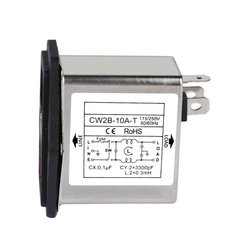 Jadeshay Mains Filter, CW2B-10A-T EMI Filter 10A Single-Phase Mains Filter Socket Electromagnetic Interference Filter 50/60Hz AC 115V/250V