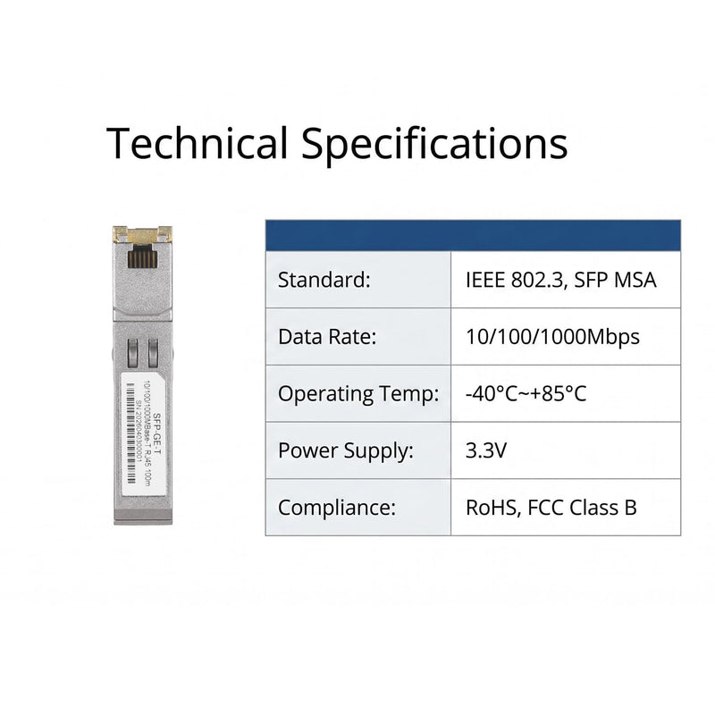 1.25G SFP to RJ45 Copper Transceiver Module, 10/100/1000BASE-T, Hot Pluggable, CAT5e UTP Cable, Up to 100m, Compatible with Cisco, TP-Link, D-Link and More