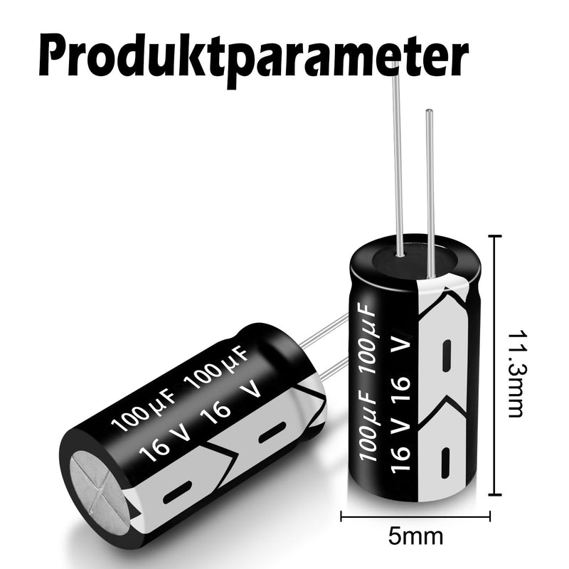 16V 100µF 50/60HZ Electrolytic Capacitors, Aluminium Electrolytic Capacitors, 5 x 11 mm, Capacitors 100uF 16V, Suitable for a Wide Range of Electronic Applications, Switching Power Supplies (20 Pieces 100µF 16V