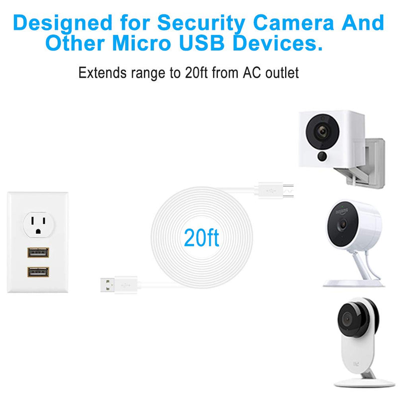 20FT Long USB Power Extension Cable for WyzeCam,WyzeCam Pan,YI Camera,NestCam Indoor,Netvue,KasaCam Indoor,Furbo Dog,Blink,Cloud Cam,USB to Micro USB Charging Charger Cord for Security Camera