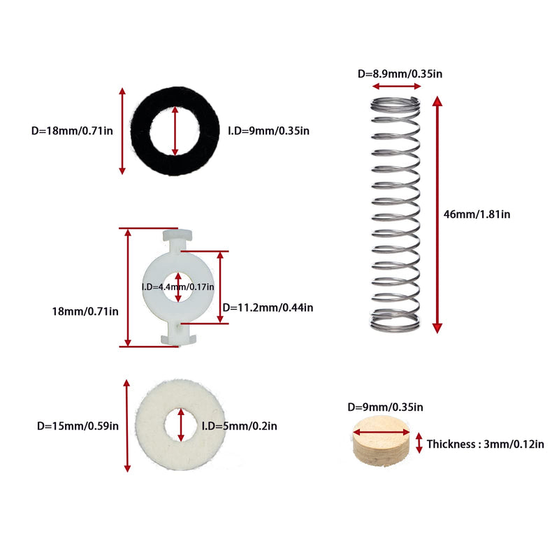 Trumpet Repair Kit, Trumpet Replacement Parts, Includes 6 Valve Guides, 12 Felt Washers, 4 Water Key Corks, 3 Valve Springs, and 2 O Ring Bumper Stoppers