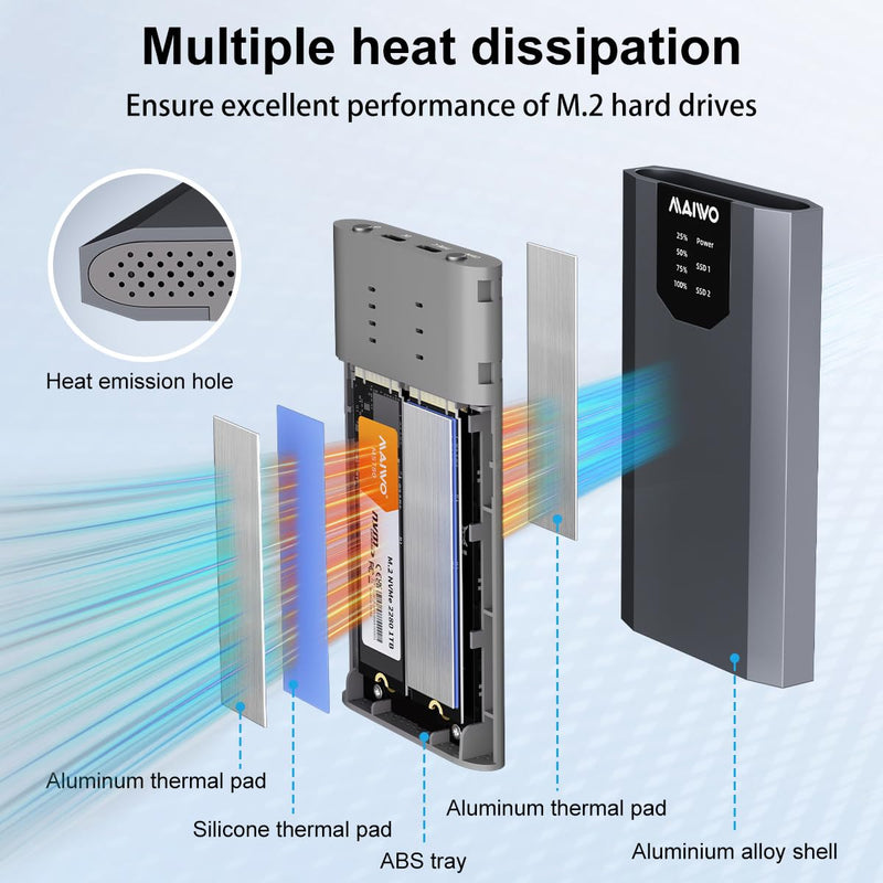 MAIWO Dual NVMe Clone SSD Enclosure, USB3.2 GEN2X2 10Gbps,Support AHCI to NVMe Clone, M.2 Duplicator Cloner for SSDs Sizes 2230/2242/2260/2280 with Indicator Light Dual M.2 NVMe Enclosure & Cloner