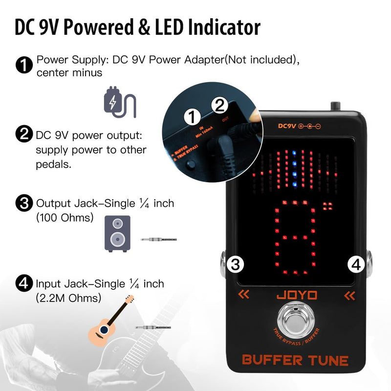 JOYO Buffer Tuner Pedal Built-in Buffer with Accurate Tuning and LED Screen for Electric Bass Guitar Effects (Buffer Tune JF-19) Buffer,Tuner Black