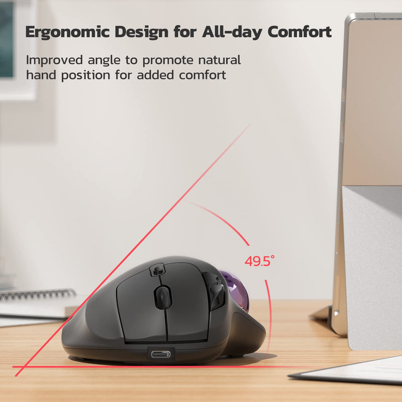 Nulea Wireless Trackball Mouse, Rechargeable Ergonomic, Easy Thumb Control, Precise & Smooth, 3 Device Compatible, Bluetooth or USB C-Purple