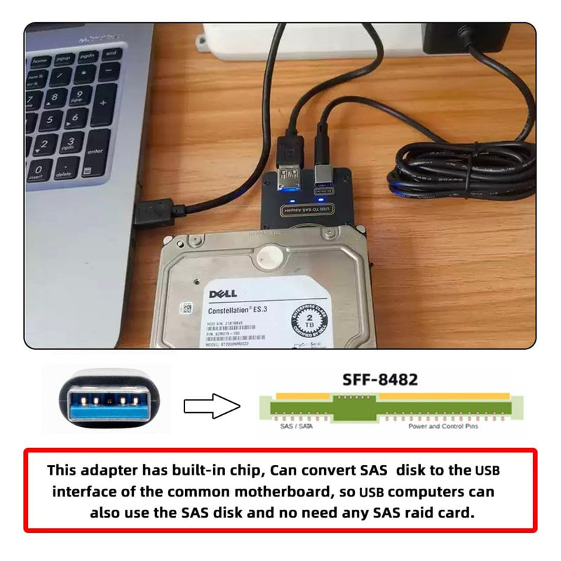 chenyang USB 3.0 to SAS Adapter for 2.5/3.5" SFF-8482 SAS Hard Disks to USB Converter Adapter with Power Supply (Need Power Supply to Work)