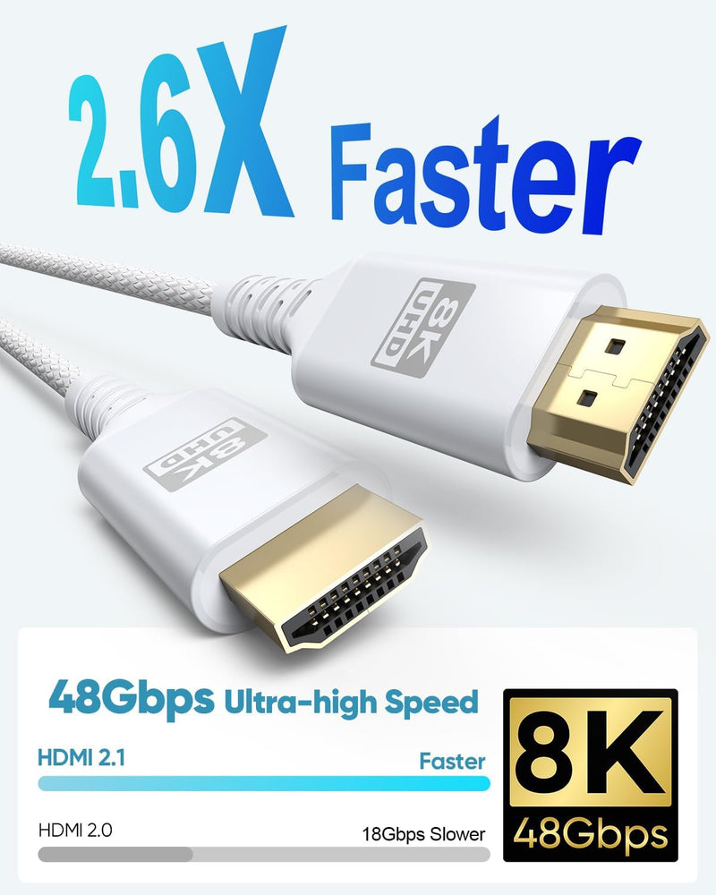 8K White HDMI Cable 30 FT, Long HDMI 2.1 Cable 30FT Ultra High Speed | eARC Braided HDMI Cord with 8K@60Hz, 4K@120Hz, HDR10+, Dolby, 3D, HDCP2.3 for Laptop/Monitor/HDTV/Soundbar/Blu-ray/PS5/Xbox 1