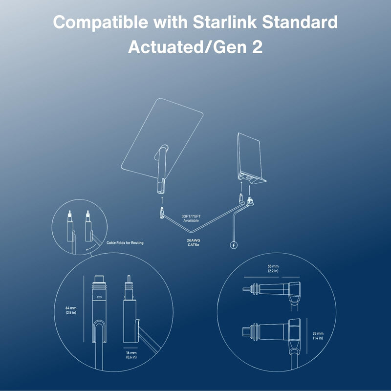 Ethernet Cable for Starlink Standard Actuated/Gen 2 23M/75FT, Waterproof Barrel Jack Outdoor Use, 26AWG CAT5E 1000Mbps, Cold & Heat Resistant, Replacement Extension Cable, Multiple Lengths