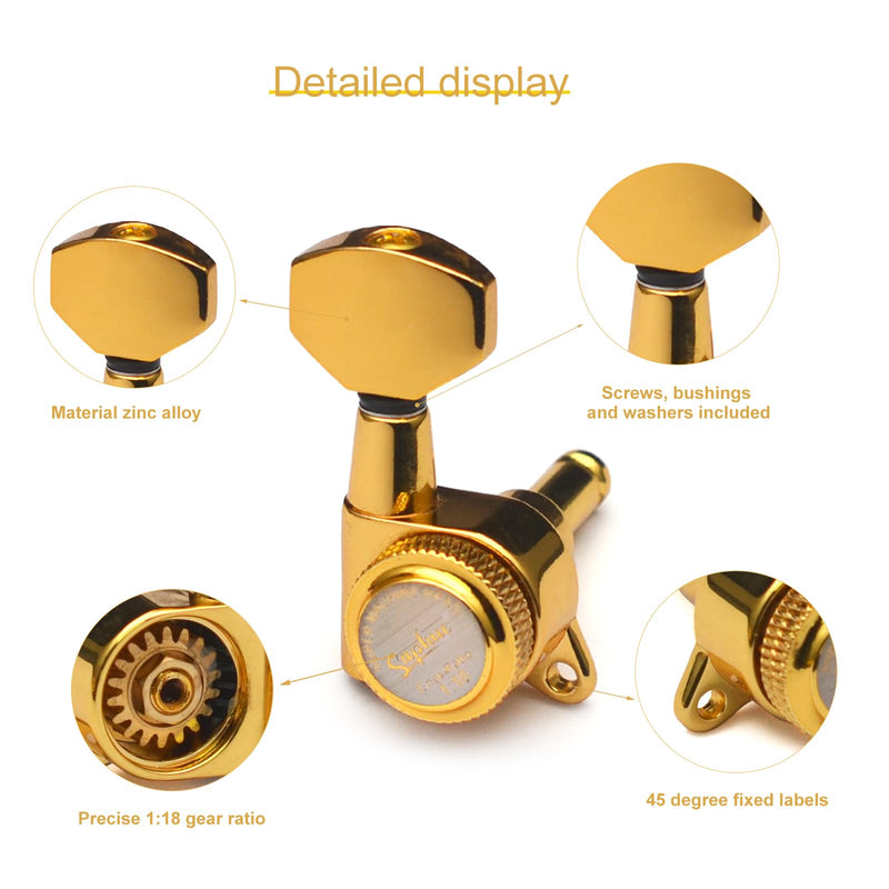 SAPHUE Guitar Locking Tuners 1:18 Lock String Tuning Key Pegs Machine Head with Hexagonal Handle Replacement for Electric Folk or Acoustic Guitars (Gold) Gold