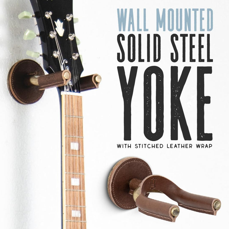 Levy's Leathers Forged Steel Guitar Hanger; Black Metal with Tan Veg-Tan Leather Yoke Wraps (LVY-FGHNGR-BKTN) Black Steel Tan Leather